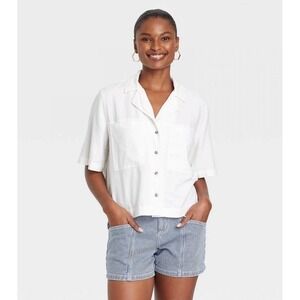Universal Thread Ivory Linen Button Front Short Sleeve Top Womens M